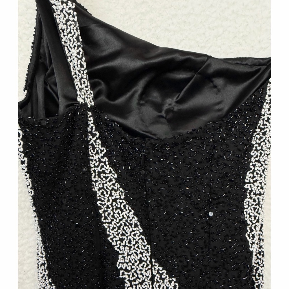 (VTG) SCALA • Black/White One-Shoulder Beaded Formal Maxi Gown w/ Side Slit, S - Picture 10 of 15